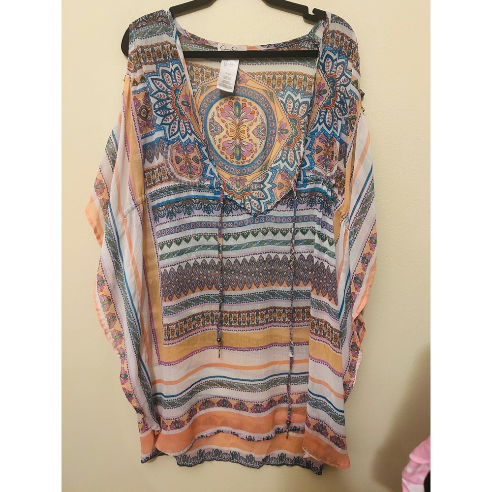 Jessica Simpson Kaftan Top Womens Large Multicolor Excellent Boho Medallion